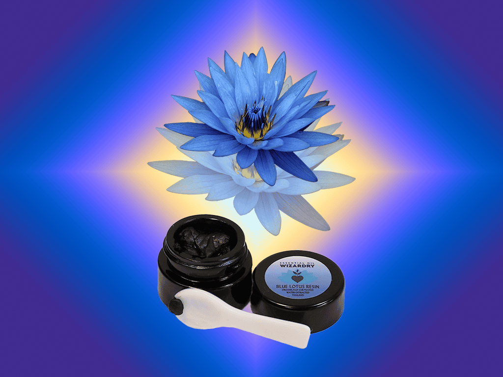 a jar of blue lotus resin with a blue lotus flower in the background