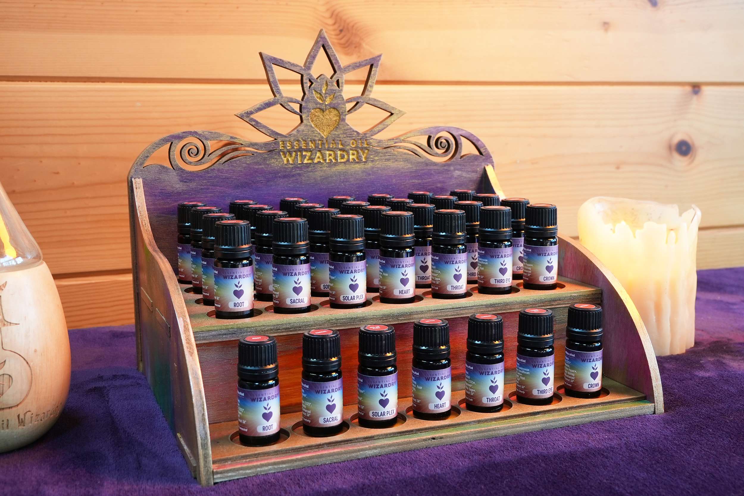 display case with chakra oils